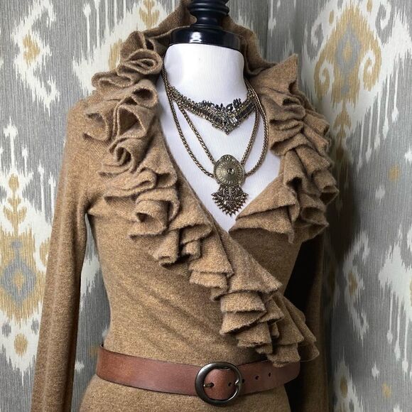 Ralph Lauren Black Label Sweaters - Ralph Lauren Toffee Melange Cashmere Knit Ruffled Wrap-Around L/S Sweater